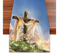 Linen Religious Cross He is Risen Easter Table Runner 13x72 Inch Spring Summer Decorations and Supplies for Home Kitchen Dining Room Table