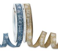 Linen Ribbon with White Let It Snow Print 15mm - Roll or Cut Length - 2X Colours (Blue 15m Roll)