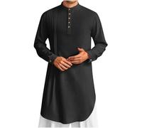 Linen Robe for Men Long Sleeve Henley Muslim Thobe Extra Long V-Neck Dressing Gown Medium Length Lightweight India Style Robes Men's Summer Casual Kimono Versatile Longline Top Size S-3xl A-Black