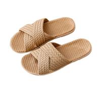 Linen Sandals Women,Flat Slides For Women Lightweight Breathable Open Toe Mules Two-Tone Cross Strap Linen Footbed Summer Slippers Non-Slip Comfy Plantar Home Shoes For Eco-Friendly Loungewear