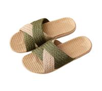 Linen Sandals Women,Flat Slides For Women Lightweight Breathable Open Toe Mules Two-Tone Cross Strap Linen Footbed Summer Slippers Non-Slip Comfy Plantar Home Shoes For Eco-Friendly Loungewear
