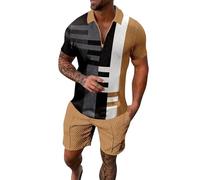 Linen Sets for Men 2 Piece Linen Suits Set Beach Wear 2 Piece Short Set Outfits Disco Costume Outfit for Men Mens African 2 Piece Sets Short Sleeve (Khaki,L)