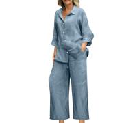 Linen Sets for Women 2 Piece Leisure Suit Loose Casual Long Sleeve Shirts Blouses and Wide Leg Pants Solid Color Two Piece Cotton Linen Suits Co Ord Set Plus Size Summer Outfits