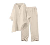 Linen Sets for Women 2 Piece Long Sleeve Shirts & Wide Leg Pants Loose Fit Casual Cotton Linen Set Two Piece Outfits Casual Long Sleeve Button Down Shirt Lounge Streetwear Sets