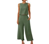 Linen Sets for Women 2 Piece Outfits Solid Sleeveless Crop Tops Loose Fit Round Neck Summer Tank Tops & Wide Leg Pants with Pockets Casual Tracksuits Lounge Sets Army Green