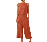 Linen Sets for Women 2 Piece Outfits Solid Sleeveless Crop Tops Loose Fit Round Neck Summer Tank Tops & Wide Leg Pants with Pockets Casual Dungarees Lounge Jumpsuits Ladies Pajama Set Orange