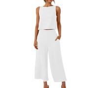 Linen Sets for Women 2 Piece Outfits Solid Sleeveless Crop Tops Loose Fit Round Neck Summer Tank Tops & Wide Leg Pants with Pockets Casual Dungarees Lounge Jumpsuits Ladies Pajama Set White