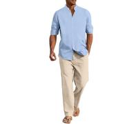 Linen Sets Men, Mens Summer Outfits 2 Piece Set, Longsleeve Buttondown Shirt with Loose Fit Wide Leg Pants Lightweight Beach Suit Outfits Set Vacation Beach
