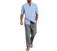 Linen Sets Men, Mens Summer Outfits 2 Piece Set, Longsleeve Buttondown Shirt with Loose Fit Wide Leg Pants Lightweight Beach Suit Vacation Suit Summer Linen