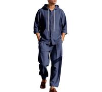 Linen Sets Men, Men's Summer Sets, Longsleeve Buttondown Shirt with Loose Fit Wide Leg Pants Lightweight Beach Suit for Holiday Loungewear