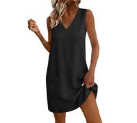 Linen Shift Dress for Women UK Comfy Cotton Linen Sleeveless Solid Colour Mini Dress Ladies Casual V Neck Loose Fit Dresses Summer Beach Vacation Sundress with Pockets