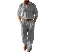 Linen Shirt and Trousers Long Set Men's Lightweight Leisure Suit Breathable Jogging Suit Sports Suit Beach Holiday Outfits Casual Cotton Tracksuit Workout Two Piece with Pockets for Autumn, gray, 3XL