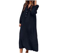 Linen Shirt Dresses for Women UK Cotton Linen Shift Dress Long Sleeve V Neck Dresses Plus Size Button Neck Tunic Beach Dresses Loose Summer Long Dresses Office Casual Maxi Dresses Navy