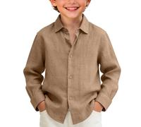 Linen Shirt for Boys Button Down Long Sleeve Cotton Shirts Kids Boy Summer Casual Beach Vacation Outfit Spring Loose Fit Solid School Hoodie Lightweight Breathable Uniform Tops (Coffee, 15-16 Years)