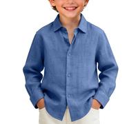 Linen Shirt for Boys Button Down Long Sleeve Cotton Shirts Kids Boy Summer Casual Beach Vacation Outfit Spring Loose Fit Solid School Hoodie Lightweight Breathable Uniform Tops (Blue, 7-8 Years)