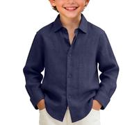 Linen Shirt for Boys Button Down Long Sleeve Cotton Shirts Kids Boy Summer Casual Beach Vacation Outfit Spring Loose Fit Solid School Hoodie Lightweight Breathable Uniform Tops (Navy, 7-8 Years)