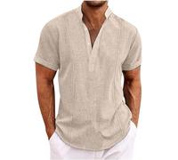 Linen Shirt for Men UK Short Sleeve Henley Shirt Classic Solid Cotton Linen Button Up Blouses Summer Loose Casual Cotton Linen Pullover Tops Comforty Breathable Office Business Tees