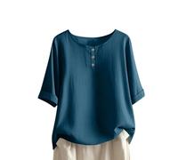 Linen Shirt for Women UK Half Sleeve T-Shirt Elegant Round Neck Button Front Blouse Loose Fit Cotton Linen Shirts Womens Solid Color Roll Up Blouses Fashion Spring Summer Vacation Pullover Tops Blue