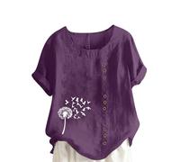 Linen Shirt for Women UK Sale Clearance Retro Short Sleeve Tunic Tops Cotton Linen T-Shirt Button Loose Fit Round Neck Vintage Tops Summer Tee Shirts Ladies Casual Blouses Plus Size 22