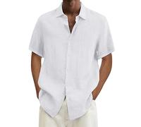 Linen Shirt Men Mens Short Sleeve Shirts Long Casual Grandad Collar Collarless Henley Men's for Vacation Regular Fit Summer Beach with Pocket White