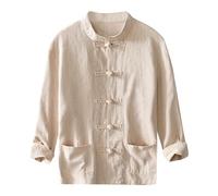 Linen Shirt Men's Long Sleeve Japanese Shirt Summer Casual Shirt Cotton Linen Plain Muslin Shirt Beach Tops Business Shirt Summer Casual Regular Fit Shirt Breathable, khaki, XL