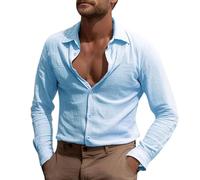 Linen Shirt Men's Shirt Long Sleeve Lightweight Linen Fabric Shirt Comfortable Soft Beach Shirt Business Linen Shirt Summer Casual Shirt Henley Shirt Activewear Coat, lightblue, L
