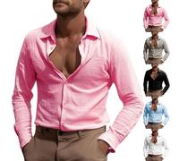 Linen Shirt Men's Shirt Long Sleeve Lightweight Linen Fabric Shirt Comfortable Soft Beach Shirt Business Linen Shirt Summer Casual Shirt Beach Casual Long Sleeve Shirt Henley Shirt Festival, pink, M