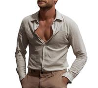 Linen Shirt Men's Shirt Long Sleeve Shirt Slim Fit Beach Shirt Cotton Business Linen Shirt Comfortable Casual Shirt Soft Casual Shirts Casual Button Down Activewear Coat, khaki, L