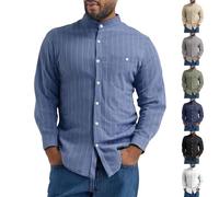 Linen Shirt Men's Shirt Summer Long Sleeve Shirt Striped Casual Shirts Long Sleeve Cotton Linen Shirt Men Button Down Summer Shirt Fitted Business Casual Holiday Beach with Pocket Festival, navy, M