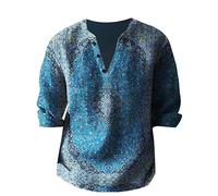 Linen Shirt Men's Short Sleeve Relaxed Fit Henley Shirt Men Retro Ethnic Casual Shirt Summer Beach Patterned Grandad Shirt Men's Stand-Up Collar Long Sleeve Shirt with Floral Print, blue, L