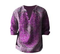Linen Shirt Men's Short Sleeve Relaxed Fit Henley Shirt Men Retro Ethnic Casual Shirt Summer Beach Patterned Grandad Shirt Men's Stand-Up Collar Long Sleeve Shirt with Floral Print, purple, S