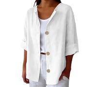 Linen Shirt Women 3/4 Sleeve V Neck Button Down Summer Cardigan Plus Size Lightweight Shirt Jacket Fashion Spring Going Out Tops Breathable Overshirt Beach Holiday Cover Up Shirts,White,XXL