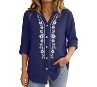 Linen Shirt Women Oversized Embroidery Linen Tunic Tops Retro 3/4 Sleeve Button Down Boho Blouse Casual Loose Fit Flowy Hem Tee Shirt Lightweight Beach Wear Blouse for Vacation Office (Navy, M)