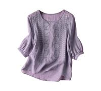 Linen Shirt Women Oversized Embroidery Linen Tunic Tops Retro Jacquard Short Sleeve Boho Blouse Casual Loose Fit Flowy Hem Tee Shirt Lightweight Beach Wear Blouse for Vacation Office Purple