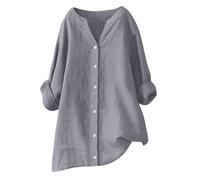 Linen Shirt Women Plus Size,Ladies Oversized Summer T-Shirt Elegant Cotton-Linen Blouse Roll Up Long Sleeve Casual Loose Button Down Tee Shirts Lagenlook Longline Work Tunic Top UK Sale