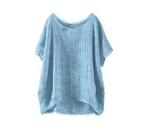 Linen Shirt Women Short Sleeve Solid Color Tee Shirts Cotton Linen Baggy Leisure Blouse Plus Size S-5XL Loose Casual Cheesecloth Tops Crewneck Lightweight Breathable Tunic (A1-Sky Blue, XXXXXL)