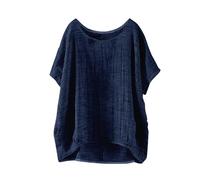 Linen Shirt Women Short Sleeve Solid Color Tee Shirts Cotton Linen Baggy Leisure Blouse Plus Size S-5XL Loose Casual Cheesecloth Tops Crewneck Lightweight Breathable Lounge Tunic Top (A1-Navy, M)