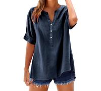 Linen Shirt Women Short Sleeve Summer Womens Cotton Linen Loose Blouse Tops Ladies T-Shirts Plus Size Short Sleeve Tunic Tops Lightweight Button V-Neck Beach Cover Ups and Kaftans Navy