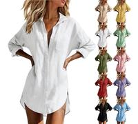 Linen Shirt Women Summer 3/4 Sleeve Button Down Dressy Longline Tops Casual Solid Color Loose Oversized Shirts Lightweight Breathable Plus Size Blouses Hawaii Beach Cover Up Ladies Clothes