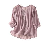 Linen Shirt Women Summer Embroidery Linen Tunic Tops Retro Jacquard Short Sleeve Boho Blouse Casual Loose Fit Flowy Hem Tee Shirt Lightweight Summer Beach Wear Blouse for Vacation Office