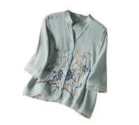 Linen Shirt Women Summer Embroidery Linen Tunic Tops Retro Jacquard Short Sleeve Boho Blouse Casual Loose Fit Flowy Hem Tee Shirt Lightweight Summer Beach Wear Blouse for Vacation Office