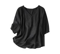 Linen Shirt Women Summer Embroidery Linen Tunic Tops Retro Jacquard Short Sleeve Boho Blouse Casual Loose Fit Flowy Hem Tee Shirt Lightweight Summer Beach Wear Blouse for Vacation Office
