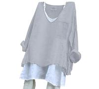 Linen Shirt Women Summer Linen Tops for Women UK Plus Size Long Sleeve Shirts with Pockets Lightweight Crewneck Tunic Tops Baggy Solid Warehouse Deals Clearance