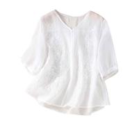 Linen Shirt Women Vintage Boho Embroidered Cotton-Linen Tee Tops V Neck Summer 3/4 Sleeve Floral Shirts Casual Loose Peasant Blouses Lagenlook Tunic Top T-Shirt Ladies UK Sale Clearance