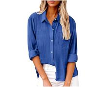 Linen Shirt Womens Long Sleeve Blouses V Neck Button Down Shirt Tunic Top Casual Loose Tee Shirts Ladies Elegant Business Office Blouse Going Out Tops Summer Holiday Top Solid Color Tshirt Blue