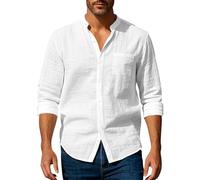Linen Shirts for Men, 100% Natural Breathable Mens Long Sleeve Shirt with Band Collar, Lightweight Wrinkle-Resistant Casual Shirt for Spring Summer, Regular Fit with Chest Pocket, S-3XL