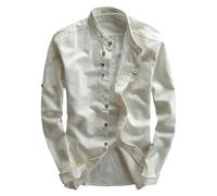 Linen Shirts for Men Adult Smart Casual Long Sleeve Solid Colour Shirts Stand Collar Button Down Shirt Slim Fit Washed Business Shirt Lightweight Breathable Comfort Plain Tops for Spring Summer 2026