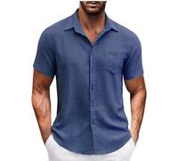 Linen Shirts for Men Clearance, Short Sleeve V Neck T-Shirts Button Up Business Casual Shirt Summer Beach Shirts with Pocket Plain Work Blouses Tops Label Collar Basic Tees Golf Gym PulloverPlus Size