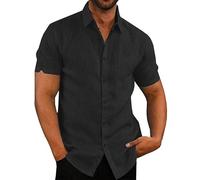 Linen Shirts for Men Clearance, Summer Solid Color Tops Pullovers Button Down Beach Tshirt Vacation Short Sleeve Casual Beach Cotton Shirt Breathable Business Work Tees Plus Size S-3XL