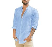 Linen Shirts for Men - Mens Overshirt Button Down, Casual Men Shirts Long Sleeve, Lightweight Beach Shirt, Summer Solid Color Jacket Tops, Grandad Collar Shirt Regular Fit, Simple Work Tops